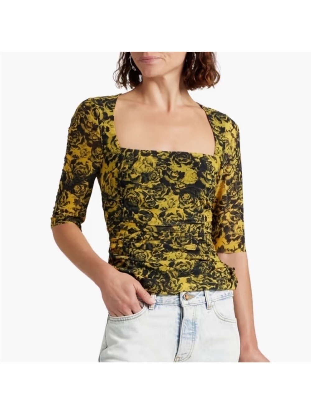 Ganni Yellow and Black Floral Square-Neck Ruched Top